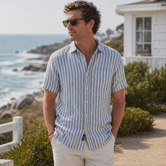 Faherty Other - Faherty Palma Linen Shirt Mens XL Blue White Striped Short Sleeve Button Down